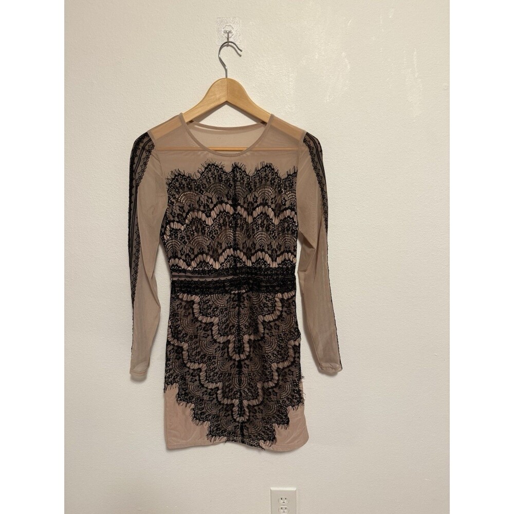 Charlotte Russe Nude & Black Lace Overlay Illusion Dress Long Sleeve Medium